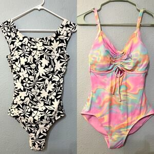Lands’ End One Piece Swimsuit Bundle 8 Black & White Floral & Pink Tie Dye
